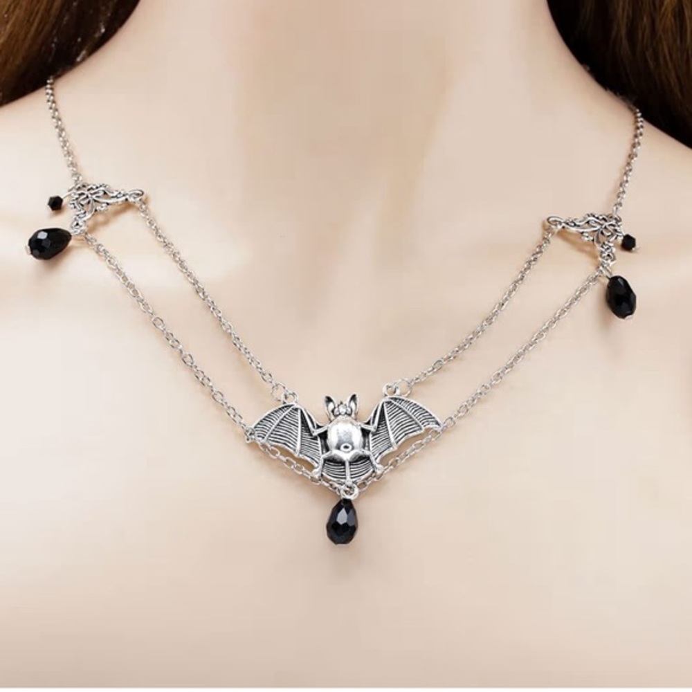 Silver Bat Pendant Necklace with Black Accents